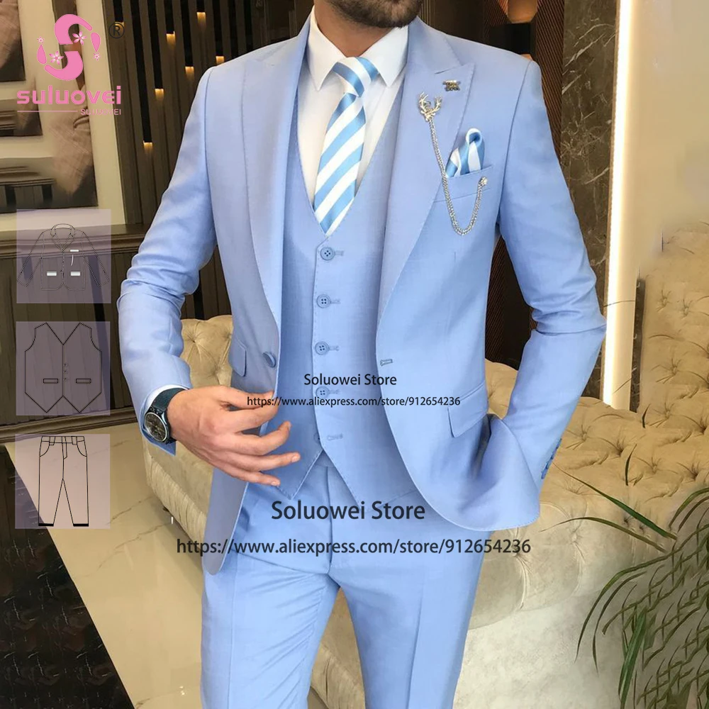 Fashion Light Blue Suits For Men Slim Fit Elegant 3 Piece Jacket Vest Pants Set Formal Groom Wedding Peaked Lapel Tuxedos Blazer