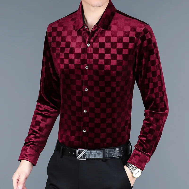 Camisa informal a cuadros para hombre, camisa de manga larga de terciopelo suave y cómoda, de lujo, para negocios, a la moda, para otoño, nueva calidad