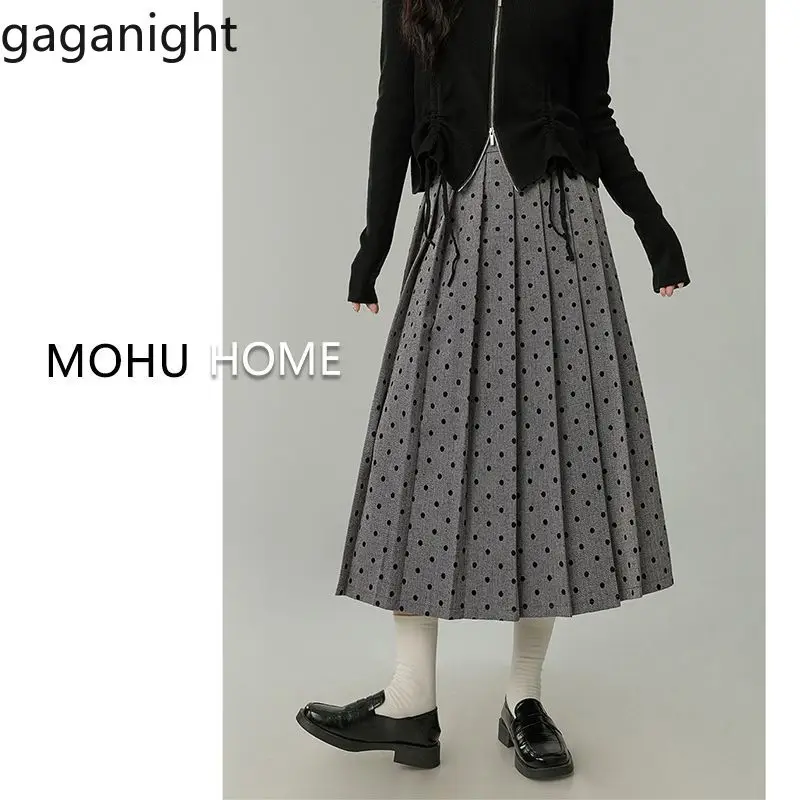 Gaganight Women Polka Dot Pleated Midi Skirt Autumn 2024 New Mid Long Style Temperament High Waist Slimming A line Short Skirt