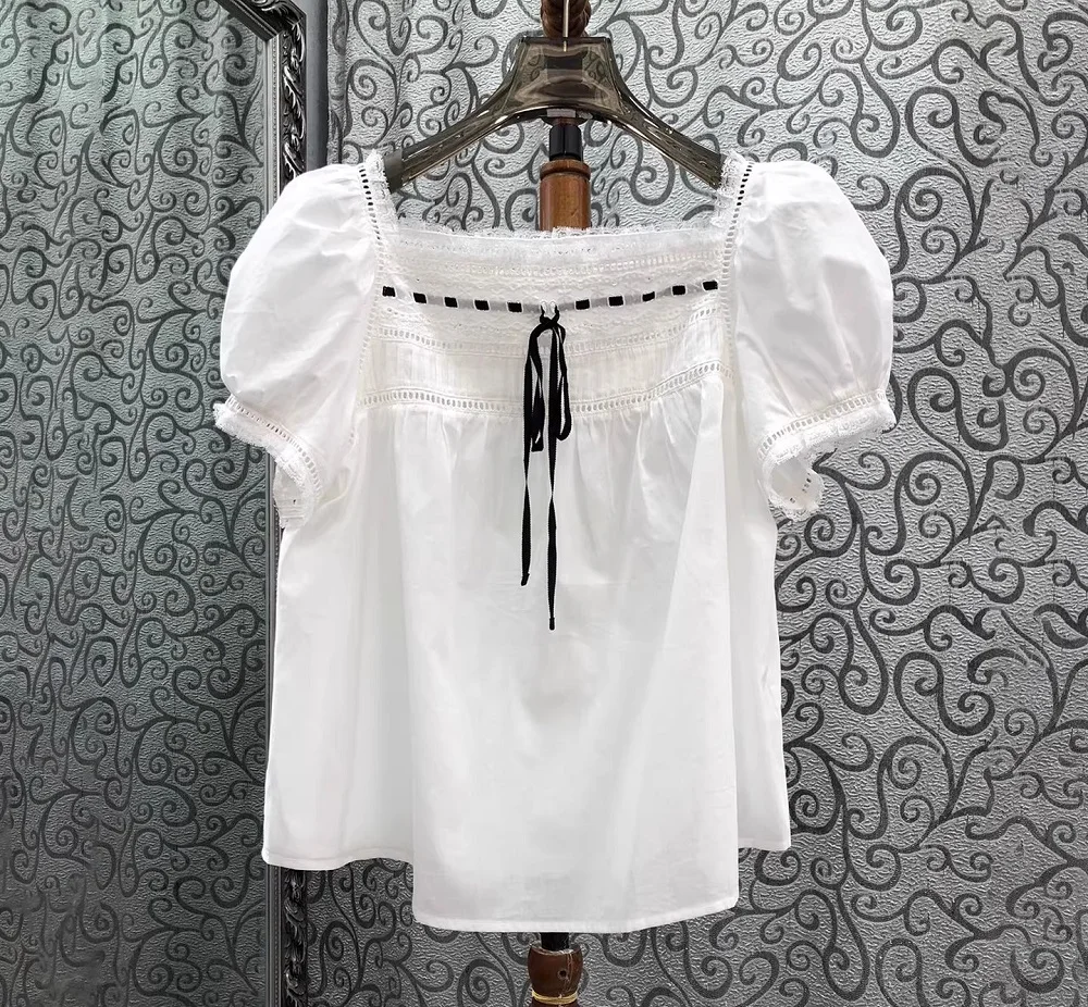 

Хлопковые топы 2026: Летняя модная женская сексуальная блузка с квадратным вырезом, кружевной вышивкой и коротким рукавом, повседневная, белая