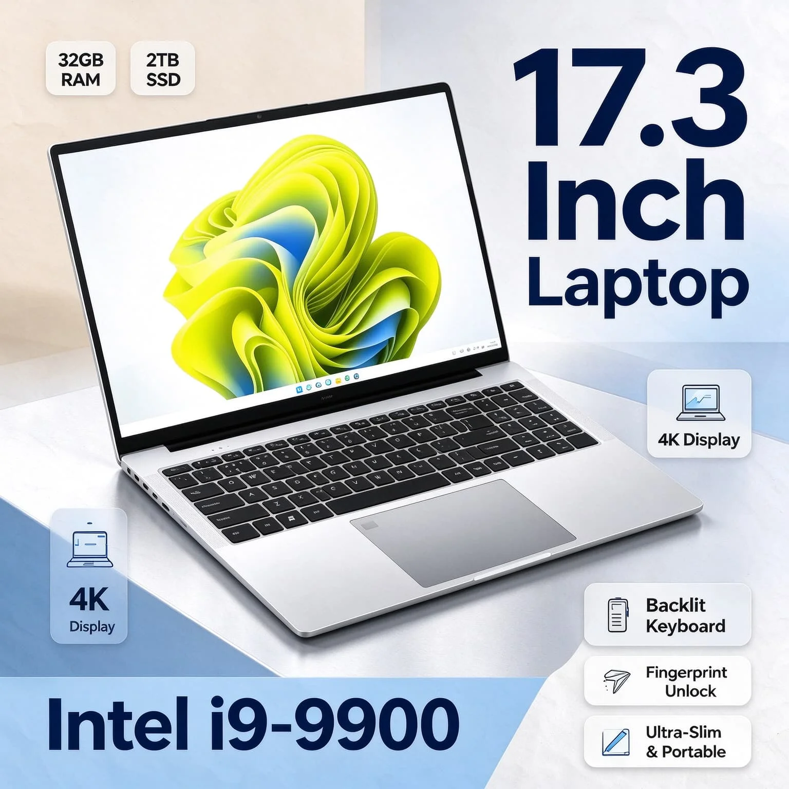 Intel i9 9900 17.3 Inch Gaming Laptop 32GB RAM 2TB SSD Fingerprint Unlock Full Size Notebook Work Study High Performance Max