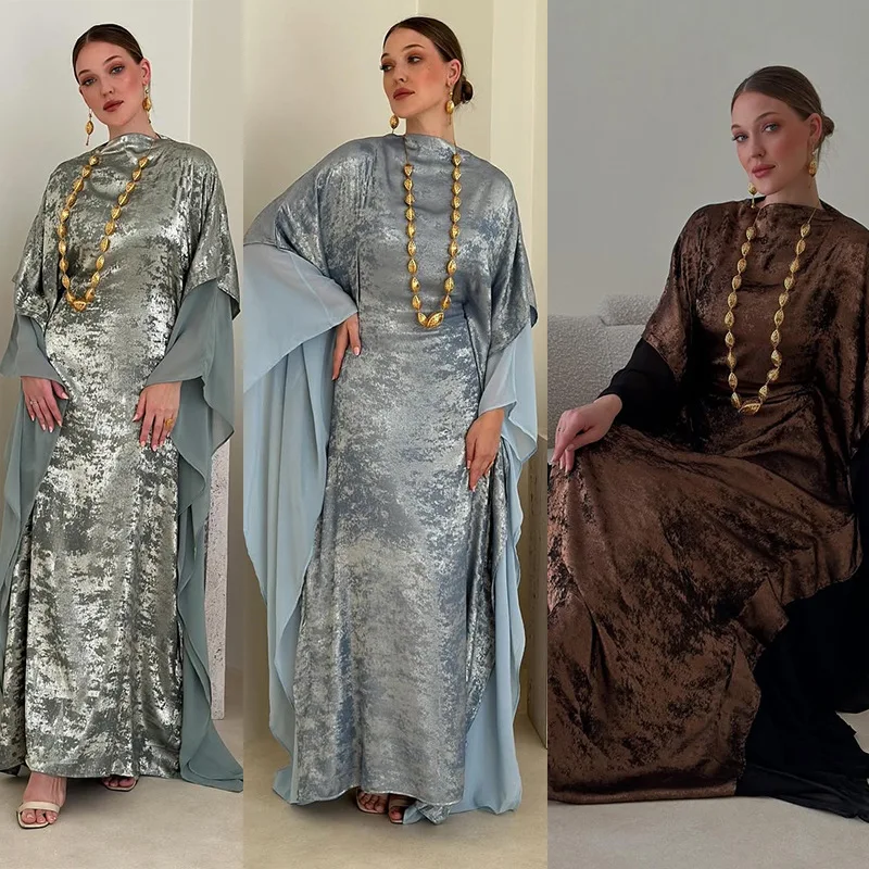 

Modest Metallic Abaya Evening Dress - Dubai Style Gown with Sheer Sleeves, Floor Length Formal Wear