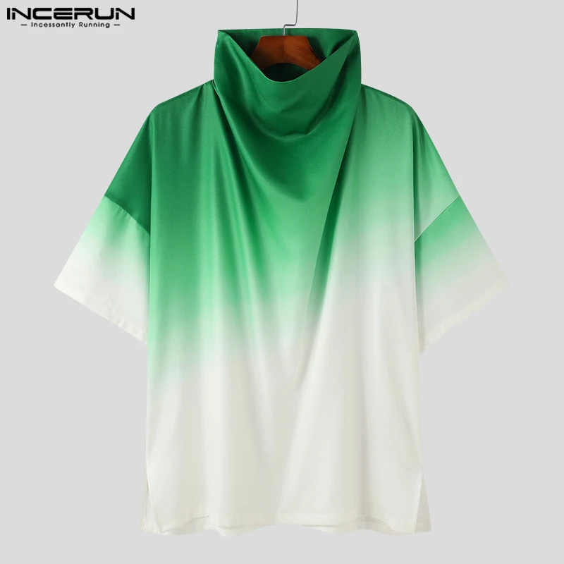 INCERUN Tops 2024 Korean Style Men\'s Gradient Color High Neck Design T-shirts Casual Streetwear Loose Half Sleeve Camiseta S-5XL