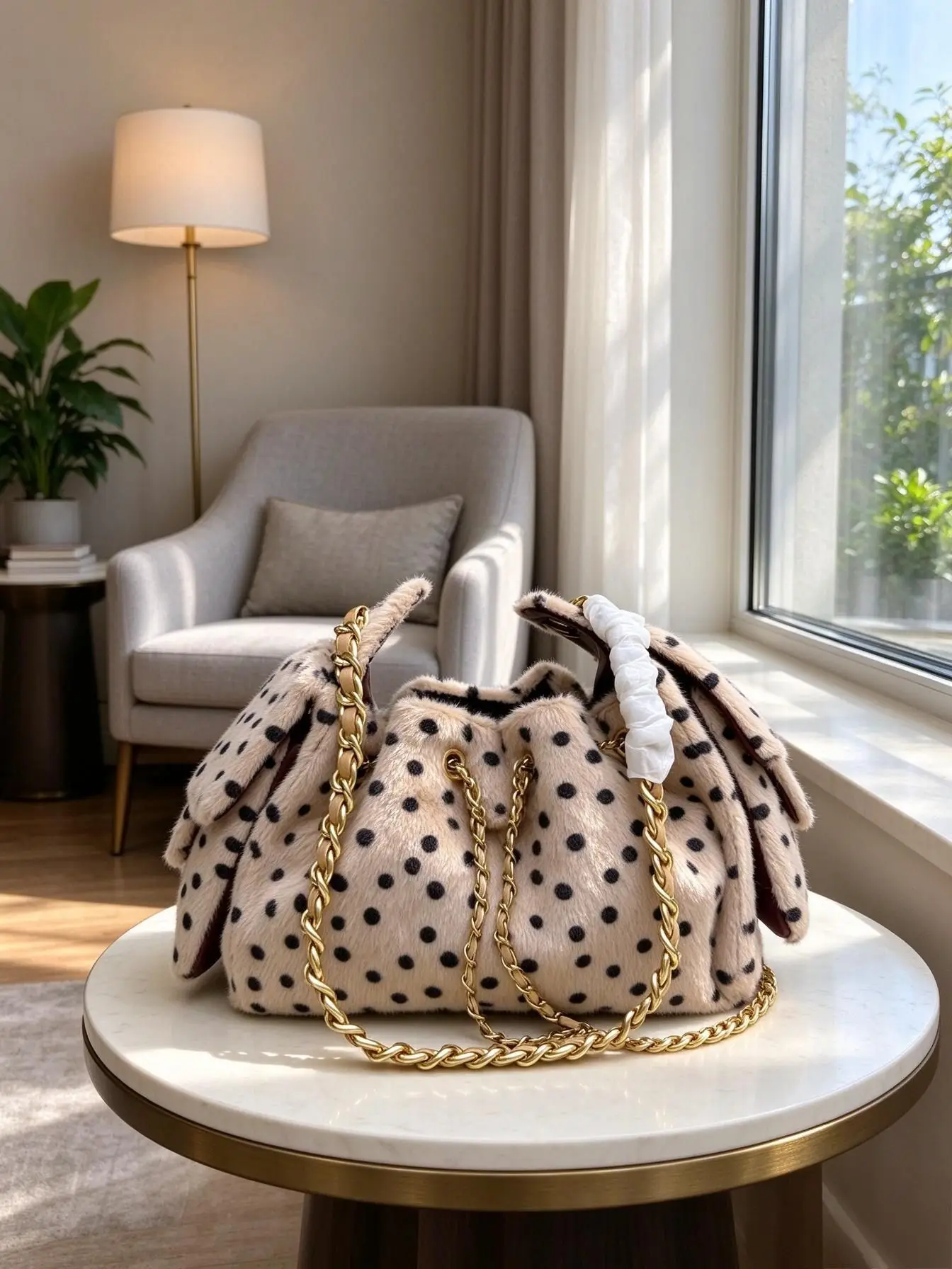 Unisex Plush Polka Dot Bucket Bag Soft Furry Drawstring Handbag Thick Metal Chain Shoulder Crossbody Bag