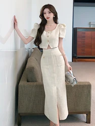 High Quality Chic Fashion Summer Two Piece Set Women Square Collar Beige Puff Sleeve Crop Top + High Waist Bodycon Skirts Suit