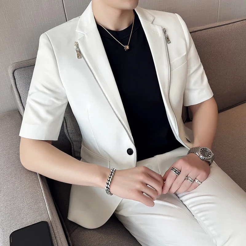 2023 Summer Zipper Decoration Blazers Men Casual Business Suit Jacket Slim Fit 3/4 Sleeve Streetwear Social Jacket Men Clothing