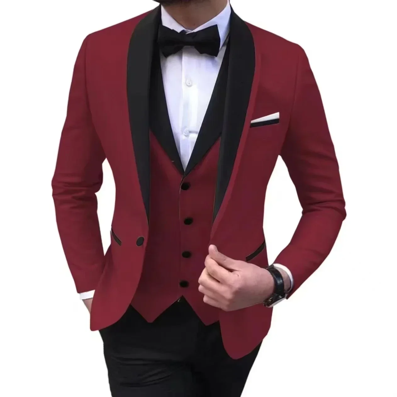 Setelan Jas Pria 3 Potong Kelas Atas, Blazer, Rompi, dan Celana, Kerah Lapel, Kancing Satu Baris, Modis dan Elegan