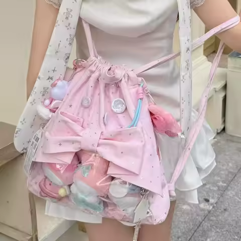 Star Bow Mochilas Mujer Transparent Ita Mochila Drawstring Bucket Bag Teenage Girls Bolsas Casual Large Capaci Backpack