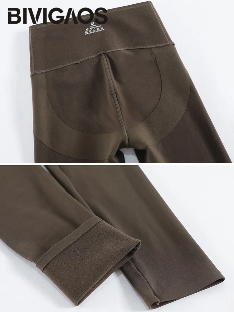 BIVIGAOS-pantalones de tiburón lijados para mujer, mallas finas de lana sin costuras, informales, cálidas, color café, Otoño e Invierno