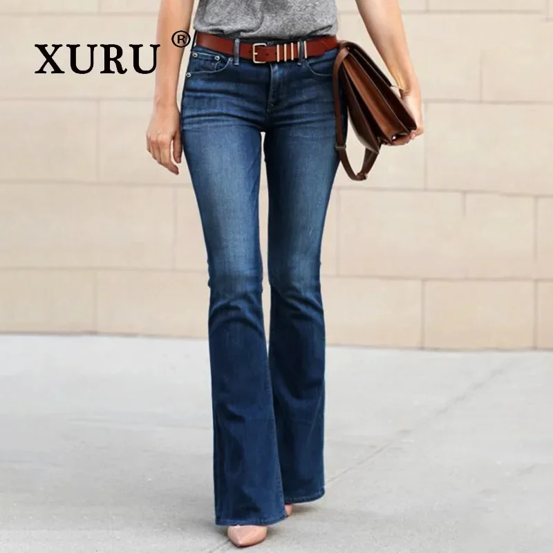 XURU-Mid Rise Regular Jeans for Women, Street Trendy Micro Flared Pants, Long Jeans, European and American, K7-8032, New