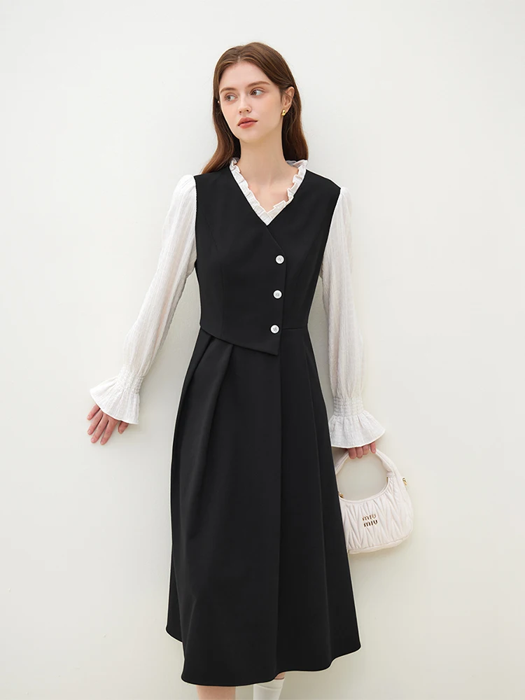 FSLE V-Neck Patchwork Design Women Long Black Dresses Office Lady 2023 Winter Twill Thicken Mid-Length Dress