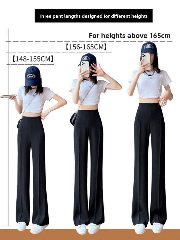 여름 와이드 레그 수트 팬츠 여성용 바닥 길이 바지 비대칭 하이웨이스트 쉬폰 슬림 핏 화이트 벨 바텀