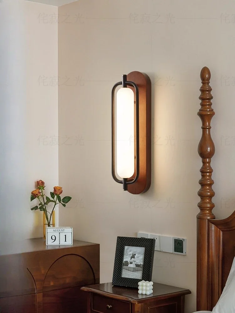 Wabi Sabi Wooden Wall Light With Pull Chain, Glass & Wood LED Wall Lamp for Bedroom Bedside Living Room Study Hotel Home Decor