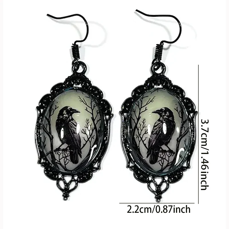 Gotische leuchtende Fledermaus-Krähen-Glas-Ohrhänger, Vintage-Schmuck aus schwarzem Metall für Damen, Halloween-Party-Accessoire – Detail 1