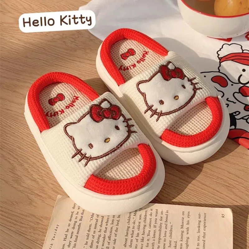 

Женские нескользящие льняные тапки Sanrio, анимация, периферийный рисунок Hello Kitty, милые домашние тапочки с сердечками для девушек, всесезонные