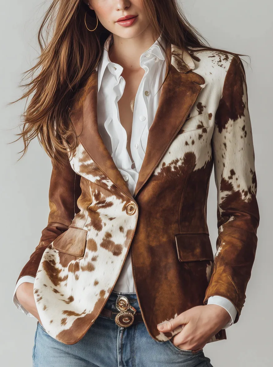 2025 European and American women's fashion lapel print long sleeved jacket single breasted personalized jacket small suit