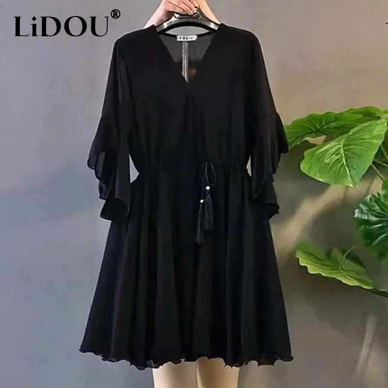 Korean Fashion Chic Intellectual Vintage Neat Capable Office Lady Aesthetic Sweet Dress Ruffee Solid Color V-neck Skirt Women