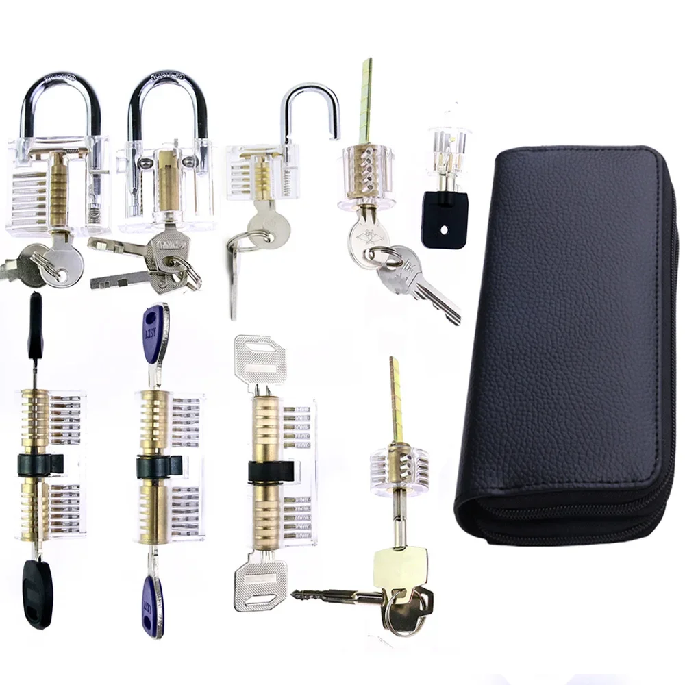 

10 In 1 Lock Practice Set Pick Broken Key Remove Set with 9pcs Crystal Lock,Lock Gun,24pcs Bag Professional Lock Locksmith Tool