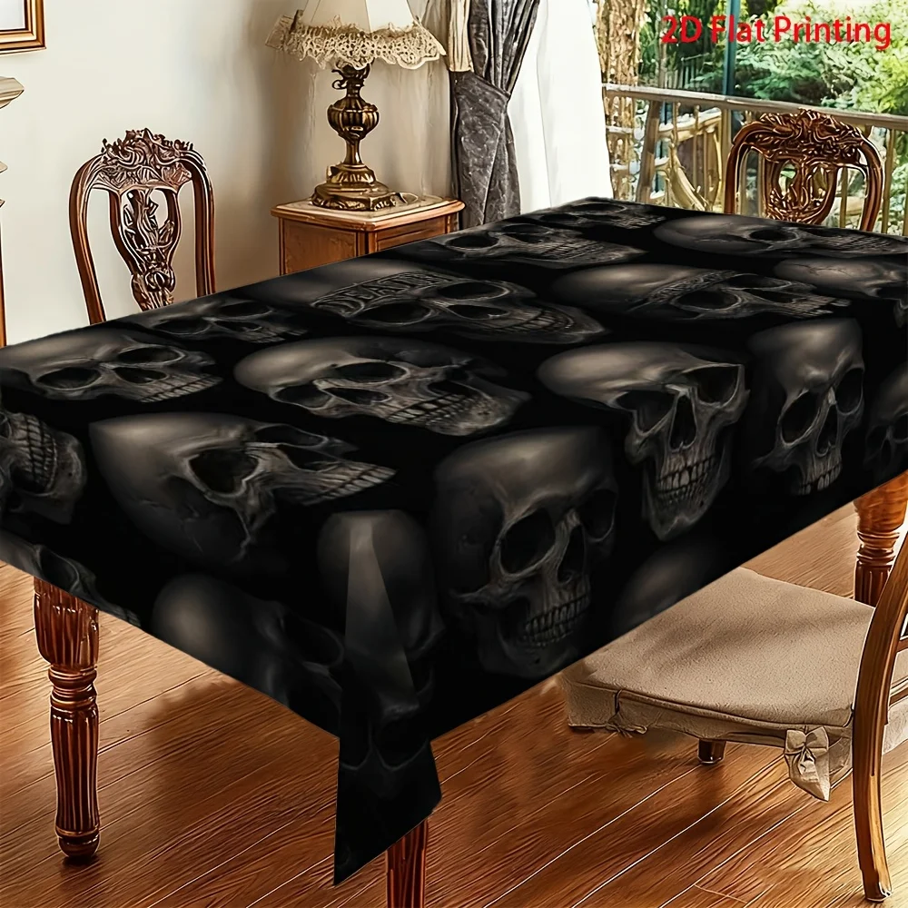 1pc High-end versatile spring tablecloth with black 3D three-dimensional skull pattern, 2D FLAT with artistic atmosphere.zyc