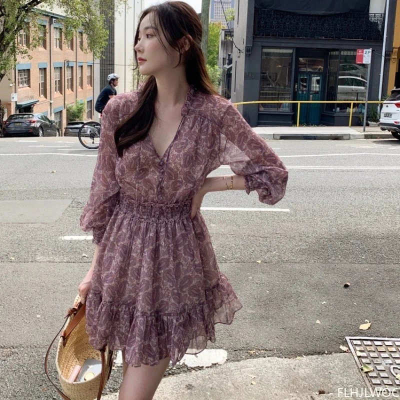 Romantic Holiday Date Chic Korea Girls Doll Design Women V Neck Floral Printed Ruffled Cute Sweet Mini Loose Dress