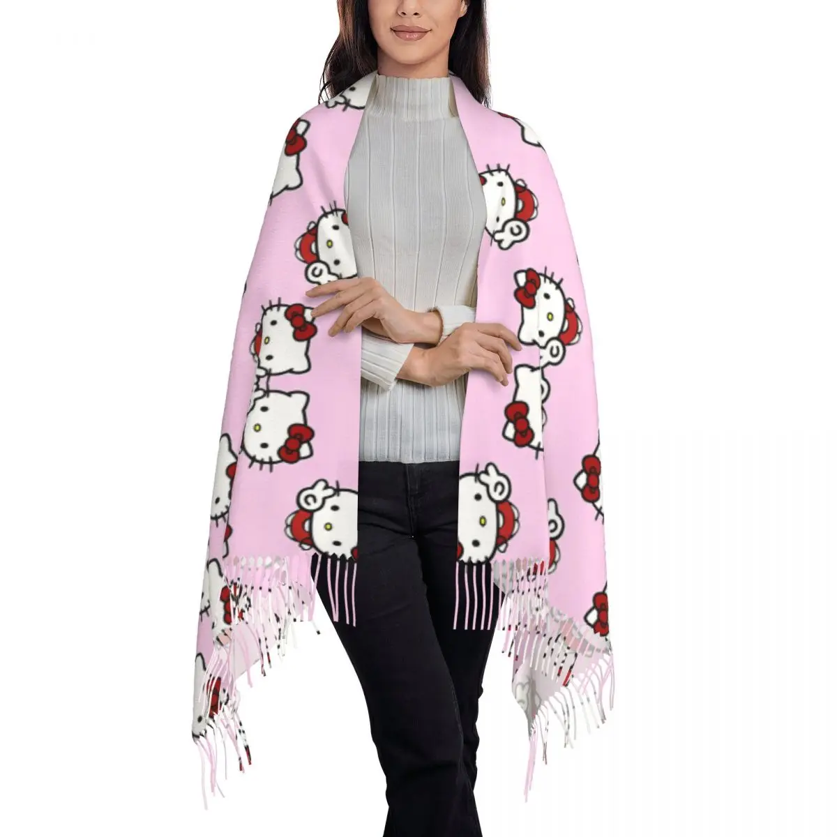 Echarpe Wraps Peace Sign Women Outdoor Sanrio Hello Kitty Winter Wraps Popular Birthday Gift With Tassel