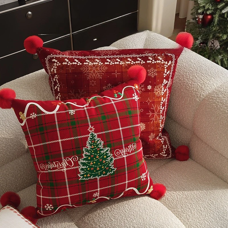 2-Pack Christmas Cushion Cover Square Double Sided Print Pillow Covers Velvet Pillow Cases with Big Pom Poms Festive Home Decor