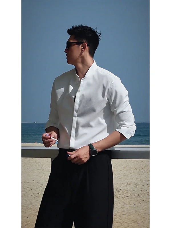 

Briti Sle Slim Fit Long Sve Ice Silk irt Stand Collar Suit Inner Wear Youth Faion Summer Casual irt for Men