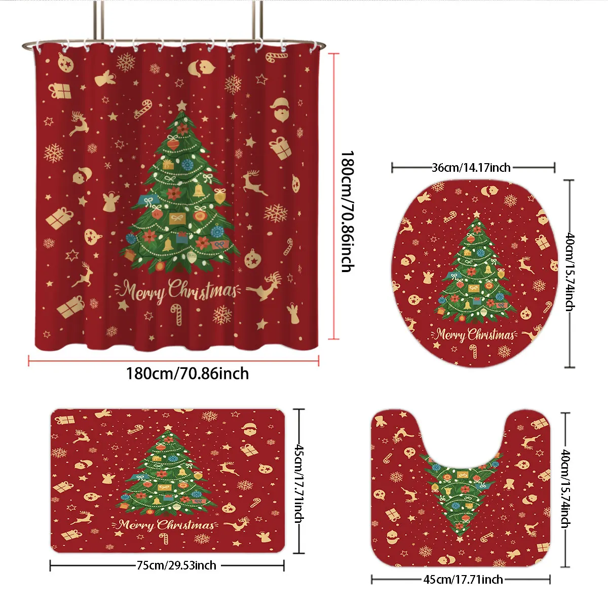 4-teiliges Badezimmer-Set mit Weihnachtsbaum-Aufdruck, 180 x 180 cm, wasserdichter Duschvorhang mit 12 Haken, WC-Matte, Bodenmatte, U-förmige Matte