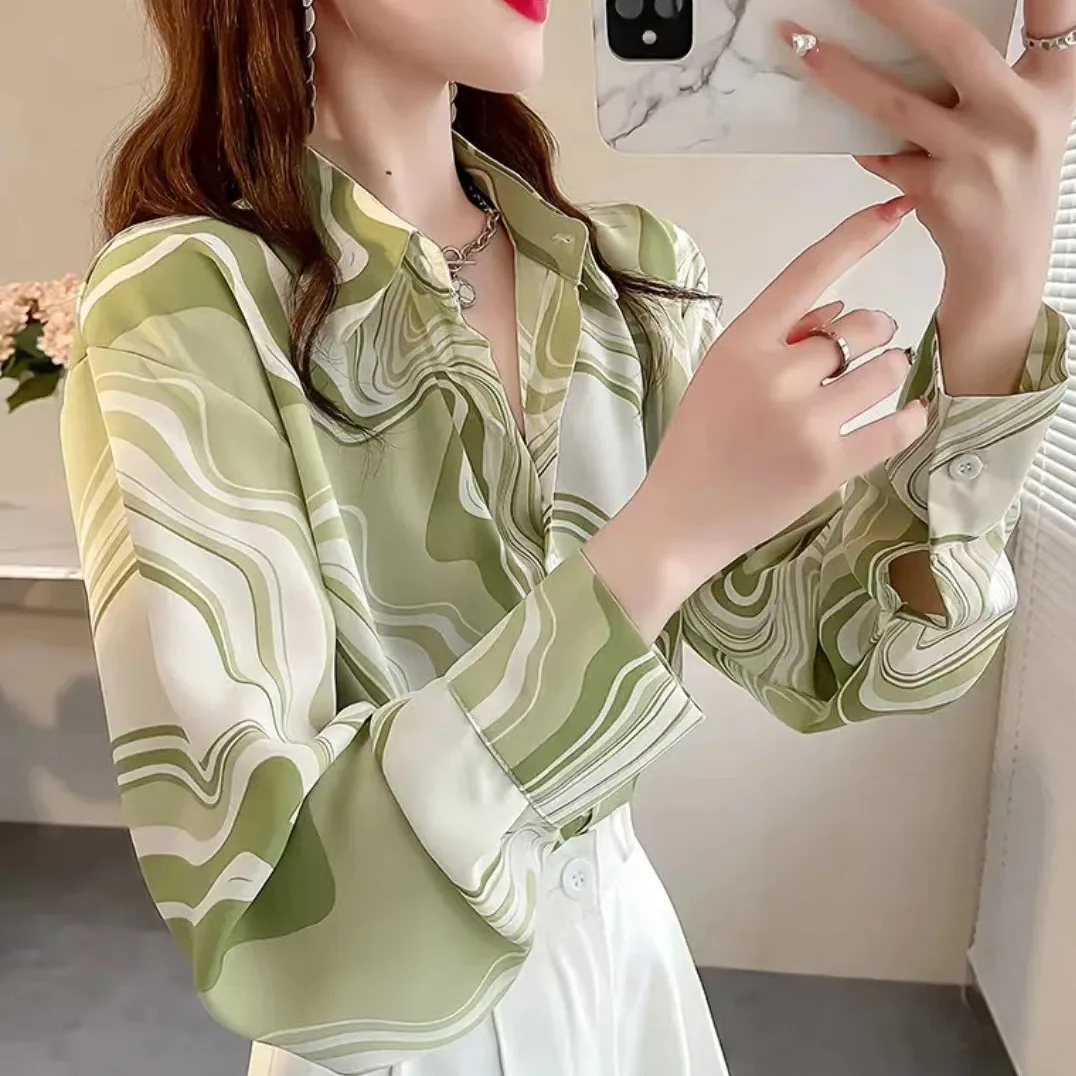 

Spring and Summer Classic French Romantic Fresh Country Style Design Women's Plus Size Green Striped Long Sleeve Chiffon Shirt