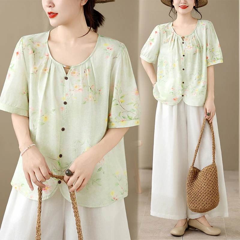 

Loose Women's Summer Shirt 2026 New Style Cotton Linen Print Lightweight Breathable Lazy Style Large Size Bubble Sleeve round...