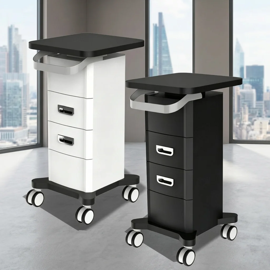 Multifunctional modern metal beauty salon cart with 2 layers of drawers, 360 degree rotation, suitable for spas, barber shops,