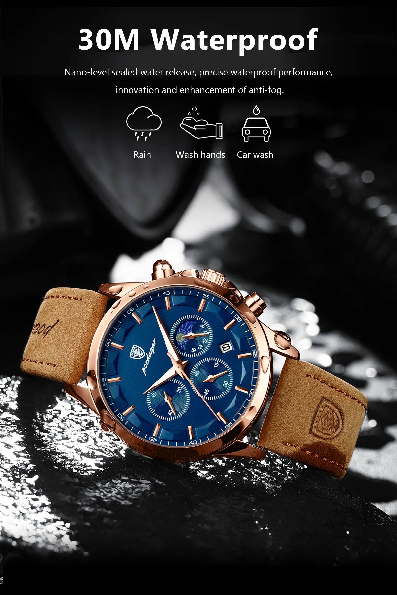 POEDAGAR Sport Luxus Männer Quarzuhr Wasserdicht Chronograph Leucht Datum Mann Armbanduhr Business Leder herren Uhren Uhr – Detail 11