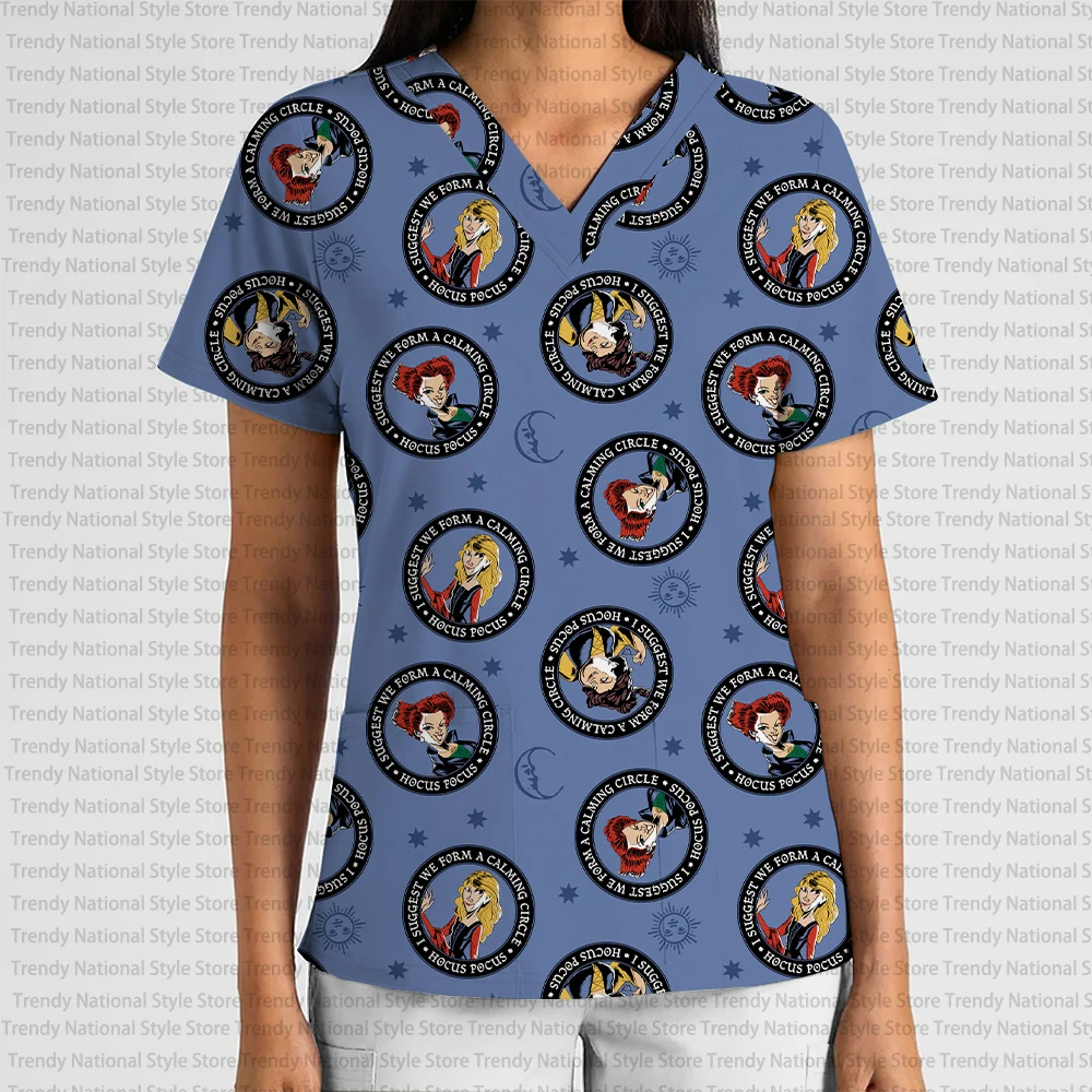 Uniforme da lavoro da donna All-match Alta qualità Halloween Sleeping Devil Stampa Scollo a V Tasca Scrub Top T-shirt per negozio di animali dentali