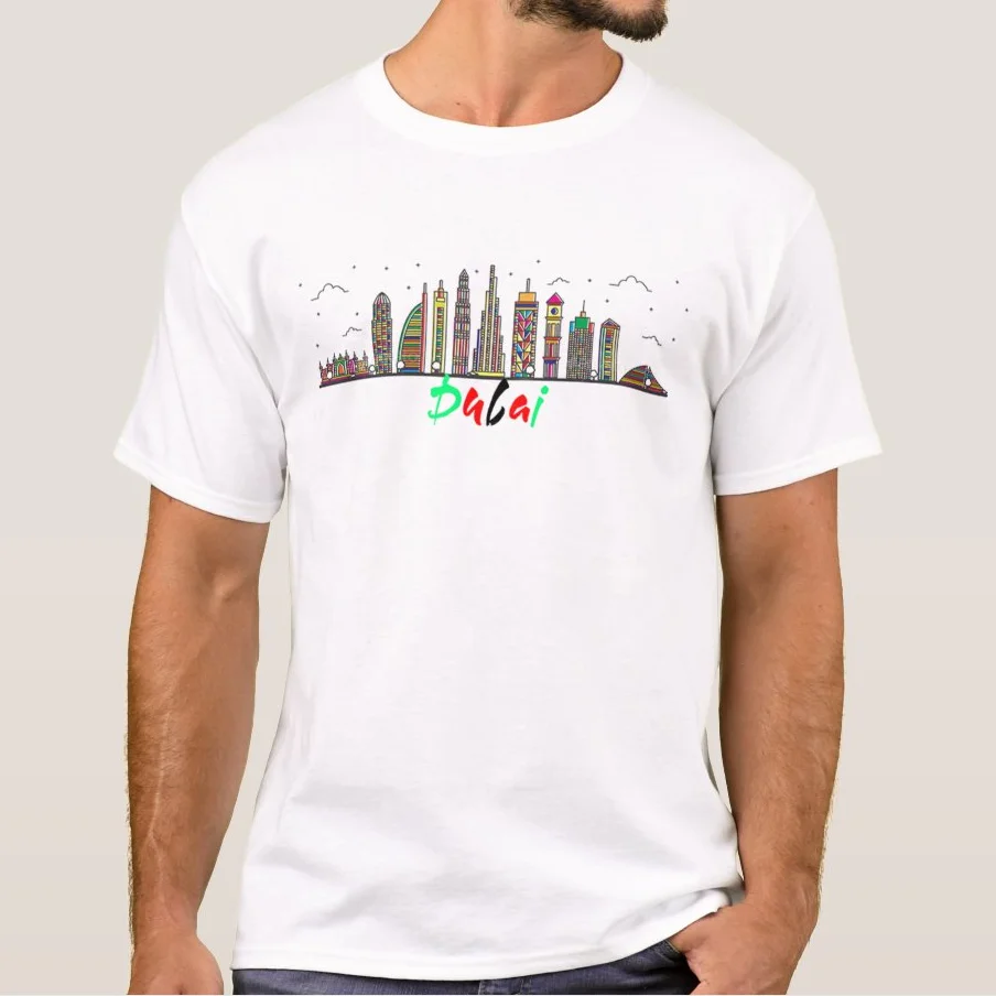 UAE Dubai City Skyline Color Buildings T Shirt. High Quality Cotton, Large Sizes, Breathable Top, Loose Casual T-shirt  S-3XL