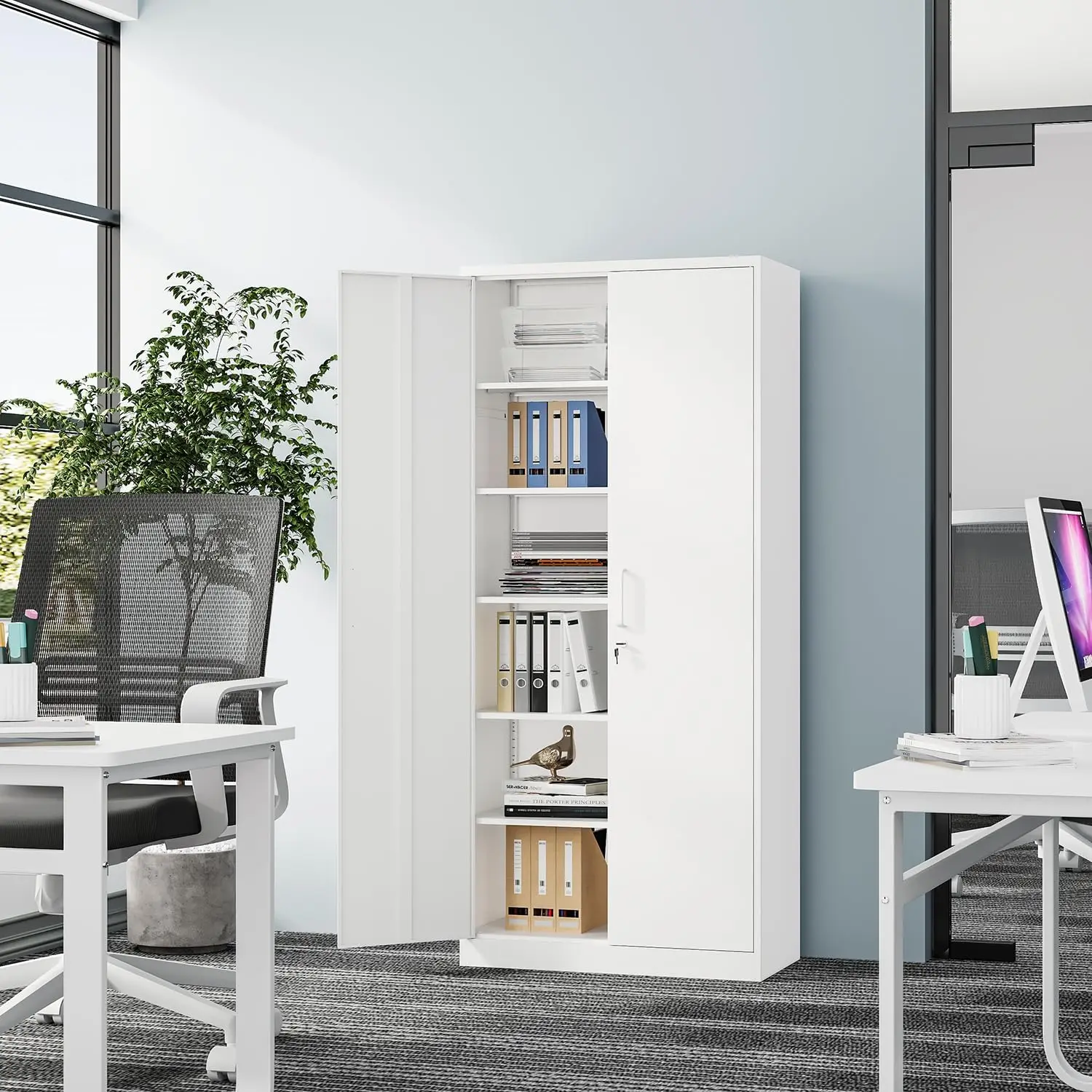 Metal Storage Cabinet-72” Tall Steel File Cabinets with Lockable Doors and 5 Adjustable Shelves-White Steel Storage Cabinet for