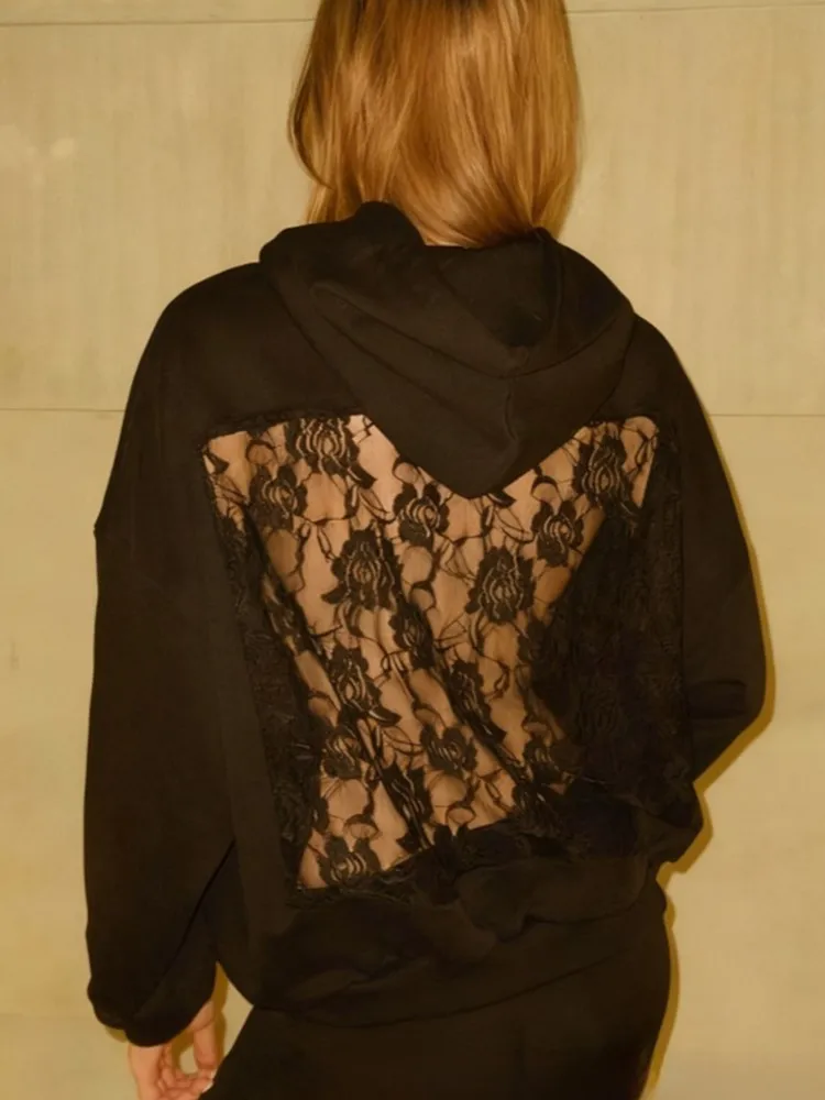 

Модная кружевная ажурная толстовка для женщин, повседневный сексуальный пуловер с длинными рукавами и капюшоном, топы, женская праздничная уличная одежда, черная одежда, новинка