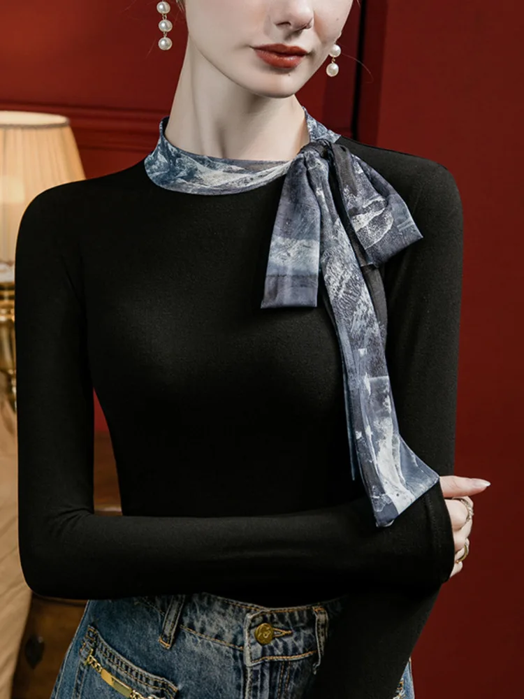 Printed Patchwork Scarf Collar With Strap And Brushed Bottom For Women's 2023 Autumn New Niche Western-Style Top Small Shirt