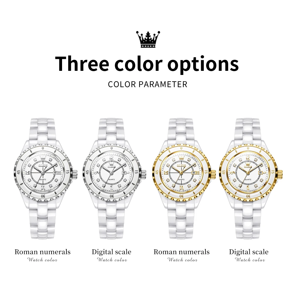 ساعات OLEVS كاجوال تريند للنساء بحزام سيراميك أبيض نقي من أفضل العلامات التجارية الأصلية ساعة يد كوارتز مقاومة للماء وتاريخ مضيء 5658 #6