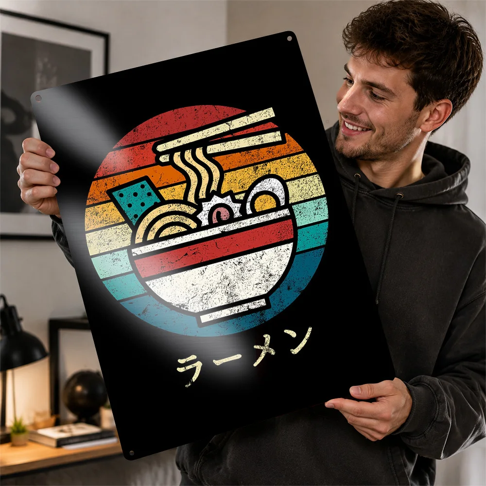 Japanese Ramen Bowl Striped Design Textured Metal Poster Vintage Illustrated Wall Art For Kitchen Customized Aluminum Sign Gift