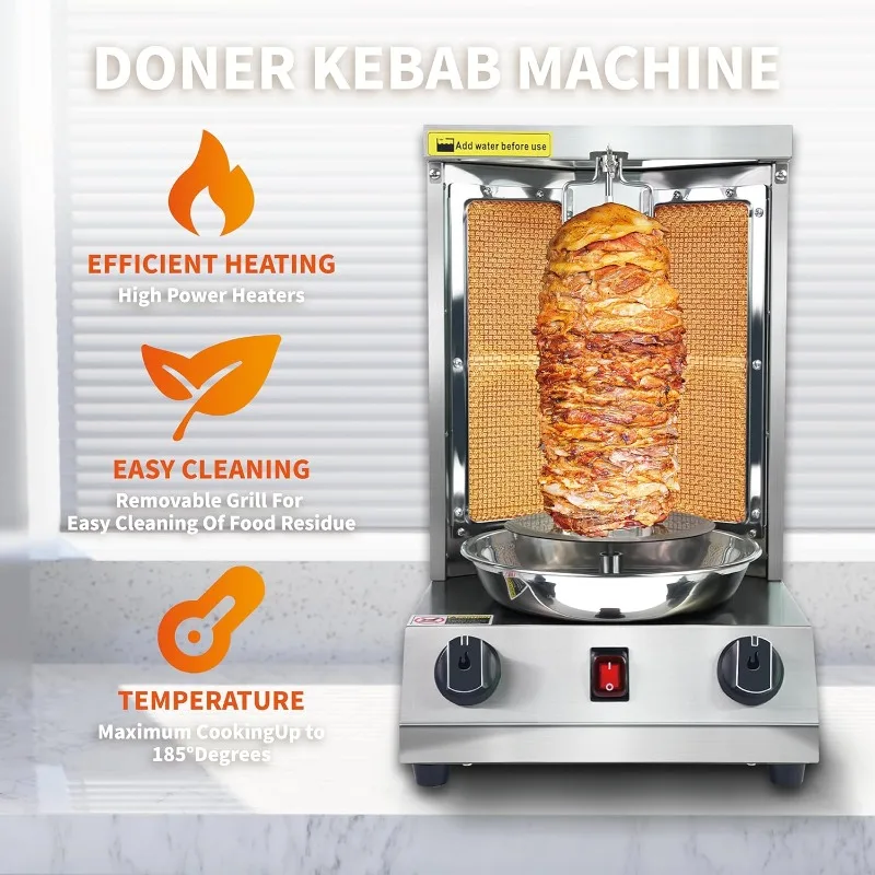 Shwarma Grill Machine Gas Doner Kebab Machine Shawarma Cooker Propane Turkish Gyro Meat Rotisserie with 2 Burner and Meat