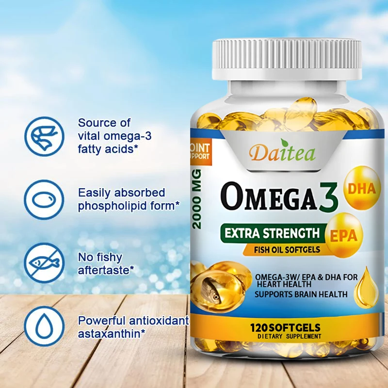 Daitea Omega 3 Fish Oil – EPA & DHA 2000 Mg – 60/120 Capsules – Overall Health and Immune Support Non-GMO Gluten Free