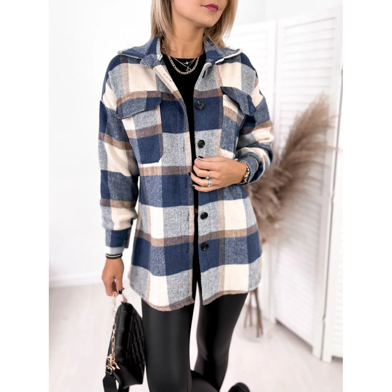 Ele – manteau Long à col irt pour femme, vêtement d'extérieur chaud en laine, motif à carreaux classique, sans chapeau inclus, automne