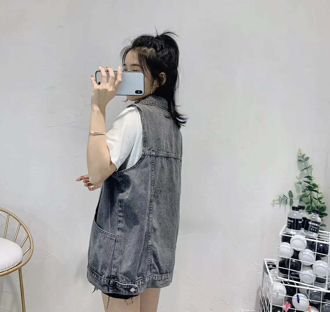 Los halflang svel denim vest lente zomer dames Koreaanse Sle faionable streetwear enkele knoopsluiting...