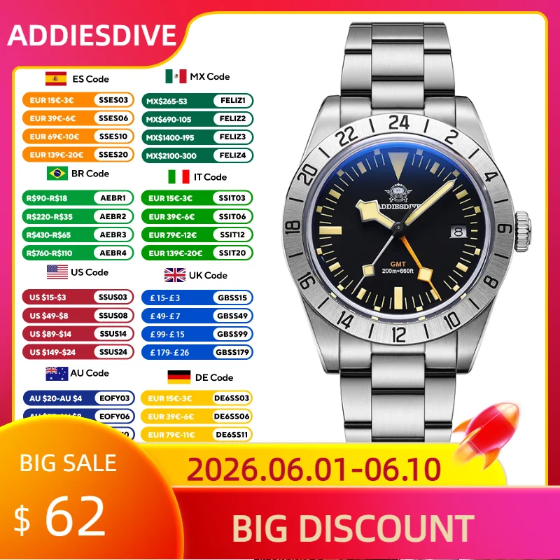 

ADDIESDIVE 39mm Mens Watch GMT Quartz Watch Bubble Mirror Glass Luminous 200M Waterproof Diving Watches AD2036 Relogio Masculino