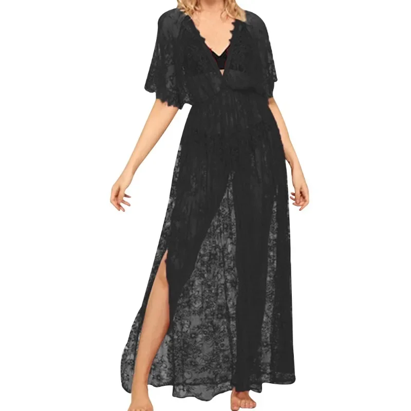 

2025 Sexy Deep V-neck Long-sleeved Lace See-through Tight Train Dress for Women's Sleepwear Sexy Nightgowns Woman Night Dress