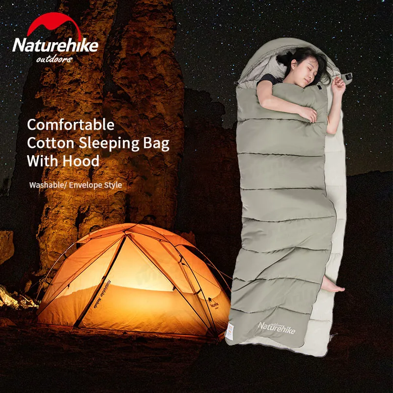 

Naturehike Cotton Sleeping Bag With Hood 210T Polyester Pongee Ultralight Envelope Winter Sleeping Bag Soft Compression Pack