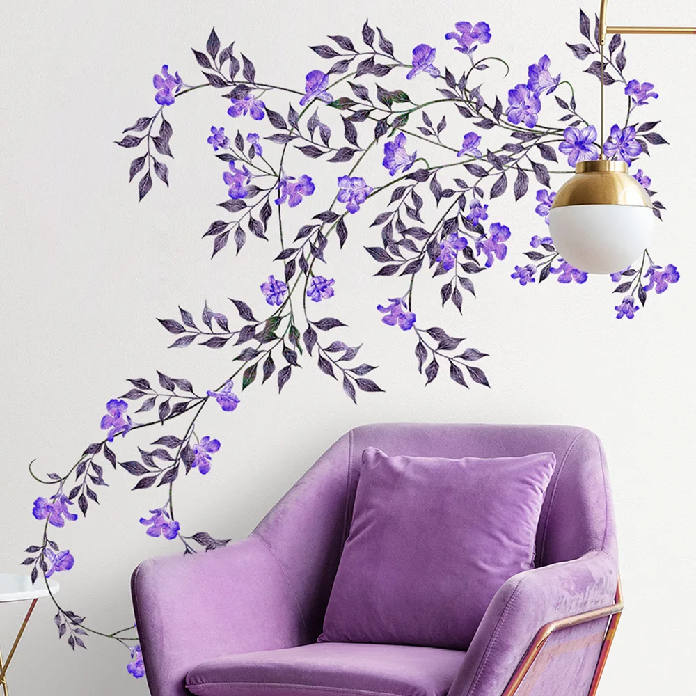 Chzimade Purple Flower Vine Rattan Wall Stickers Removable Vine Branches Green Plant Leaves Wallpaper Decal Diy Mural for Home