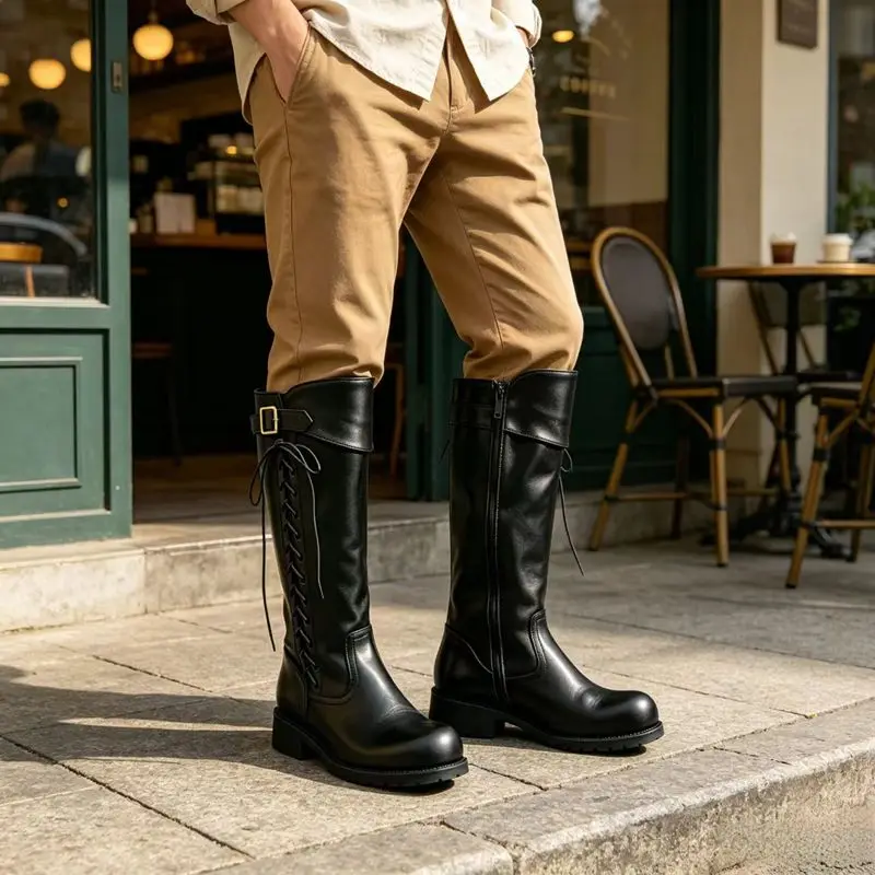 SIMLOVEYO Brown Women's Knee High Boots Round Toe 4cm Thick Heel Zipper Lace Up Big Size 47 48 49 50 Retro Handmade Riding Botas