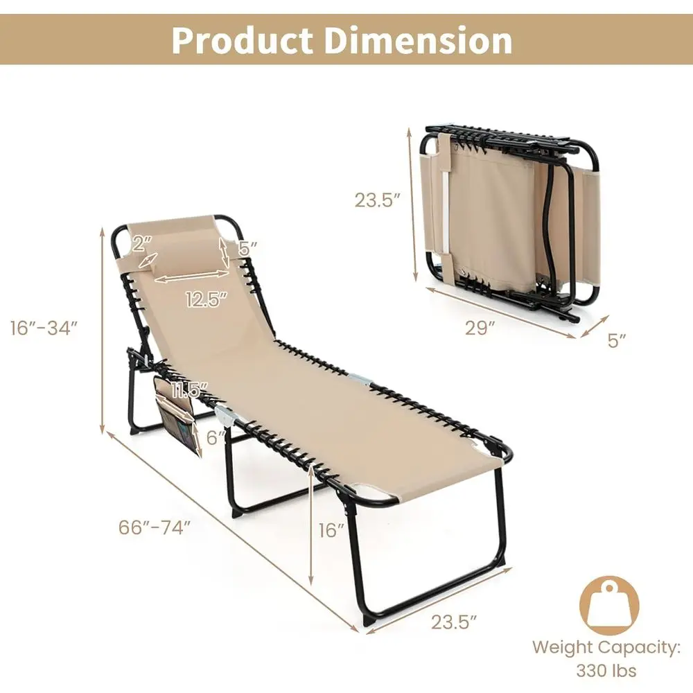 Beach Lounge Chair for Outside, Folding Chaise Lounge Outdoor with 4-Position Backrest, Removable Headrest and Side Pocket, Port