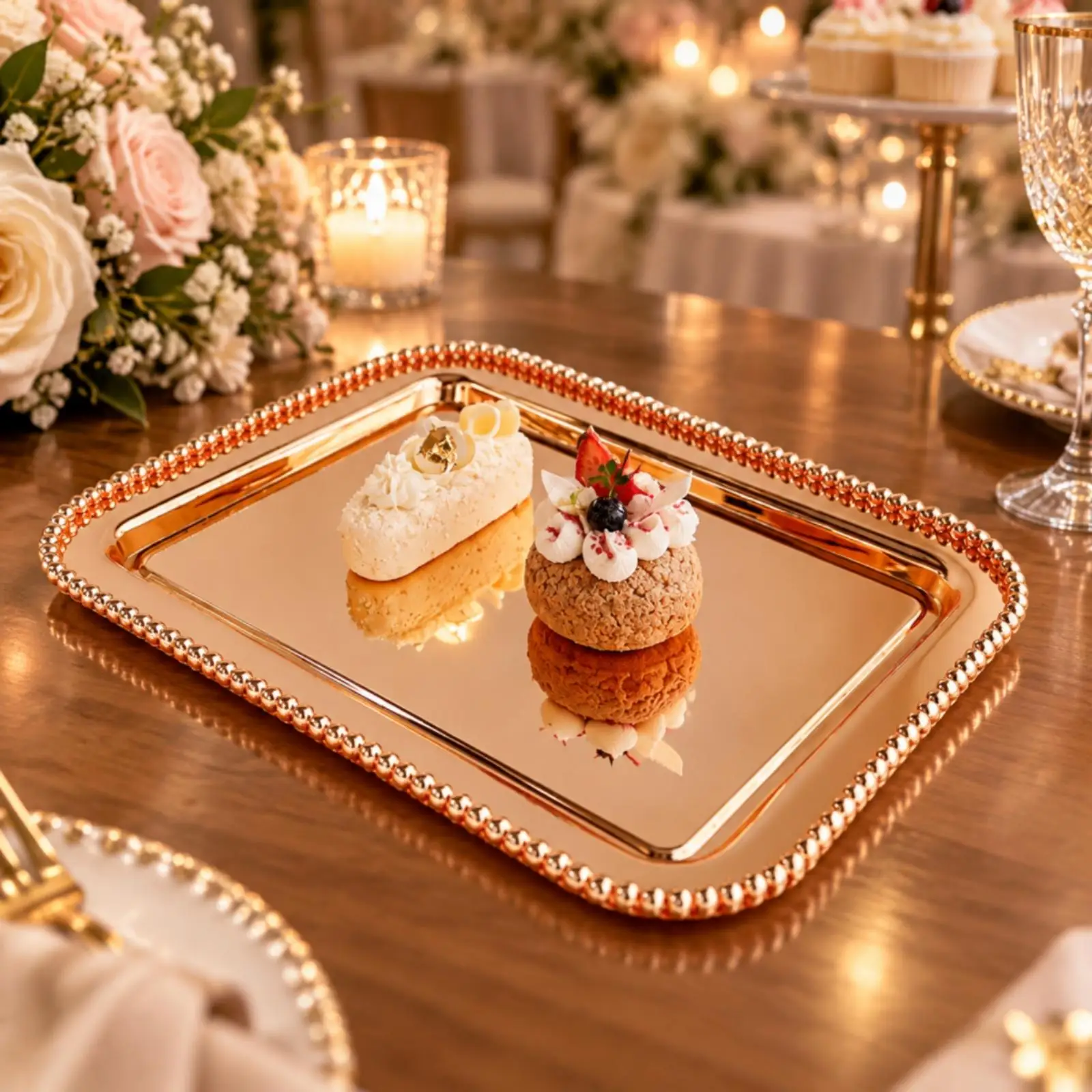Square Metal Serving Tray with Beaded Border Luxurious Polished Metal Serving Tray with Raised Rim Decorative Fancy